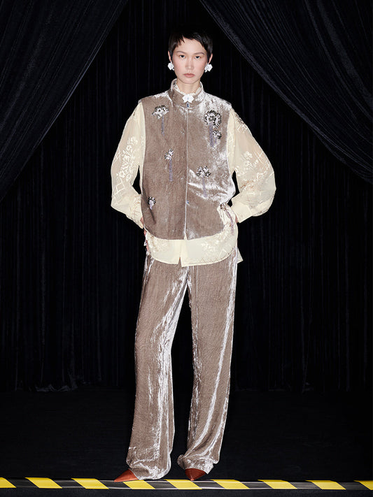 M essential Mackay designer bay leaf brown beaded padded waistcoat vest pant suit- gun.