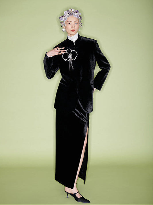M essential Mackay designer silk tasseled velvet orchid beaded suit jacket slit skirt - stan.