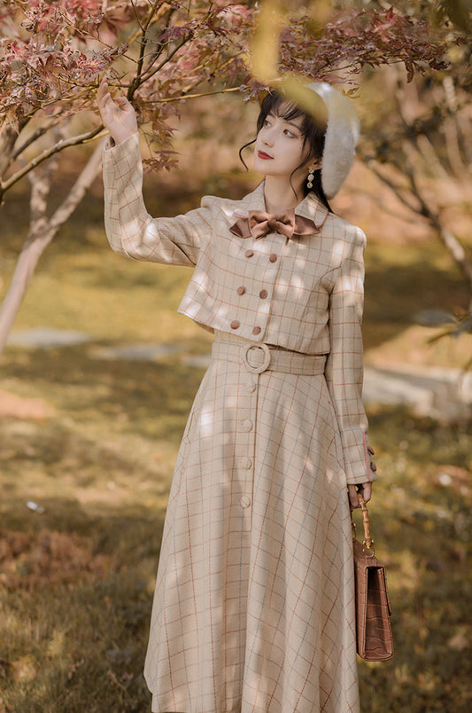 Milky Plaid Tweed Cropped Jacket (Cream/Brown)