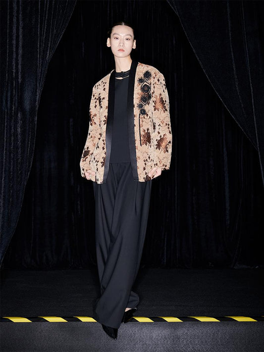 M essential Mackay designer Drop coffee jacquard crochet embroidered jacket - stans apere