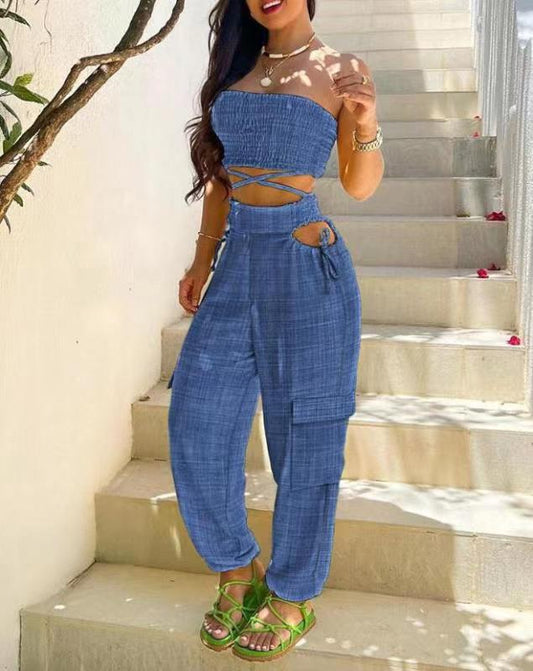2025 Women���s Wrap Top Tie Workwear Long Pants Pocket Denim Blue Crop Waist Set Suit