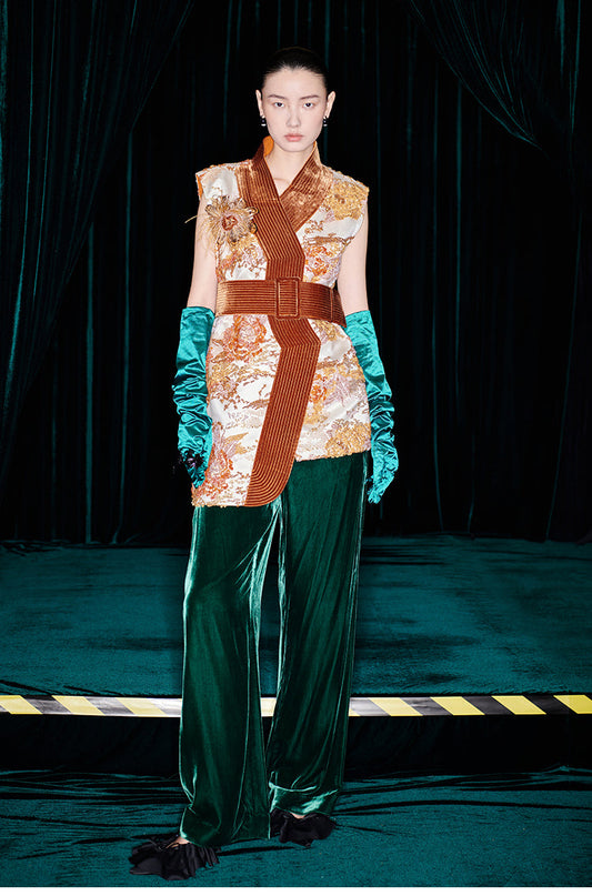 M essential Mackay designer quilted wide belt placket vest pant set- indira