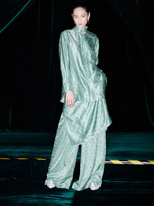 M essential Mackay designer green jacquard pant top skirt - follow.