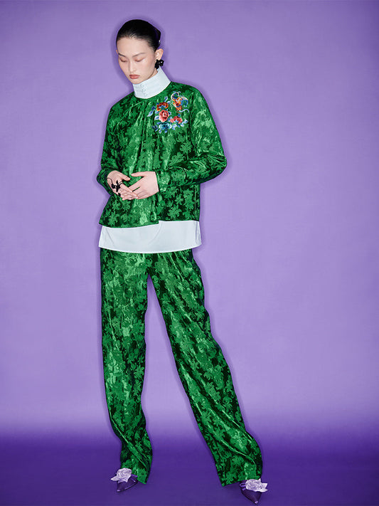 M essential Mackay designer emerald green silk thread embroidered top pants set- zim.