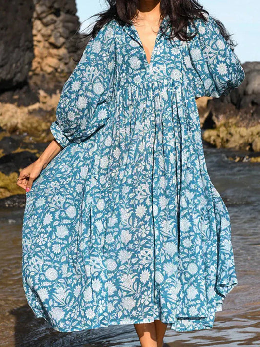 FashionSierra - 2025 Oversized Elegant Floral Printed Fashion Lantern Sleeve Boho Dress