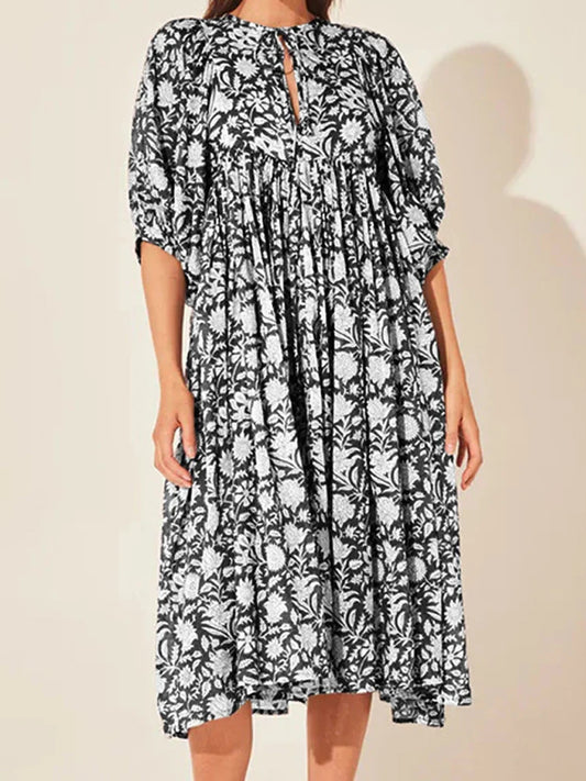 FashionSierra - 2025 Oversized Elegant Floral Printed Fashion Lantern Sleeve Boho Dress