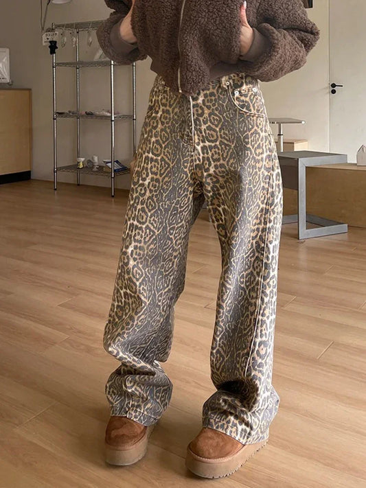 FashionSierra - Retro Y2K American Street Leopard Girl Korean High Waist Straight Baggy Trouser