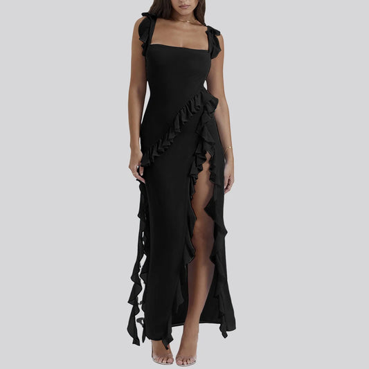 FashionSierra - Ruffles Chiffon Maxi Dress For Women 2025 Backless Split Sexy Black Long Wedding Party Elegant Luxury Chic Female