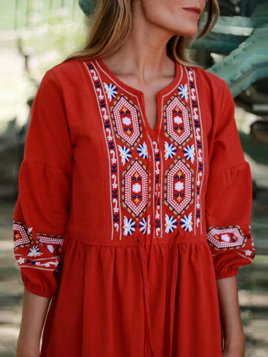 FashionSierra - 2025 Cotton Linen Embroidery A Neck Ruffle Sleeve Boho Dress