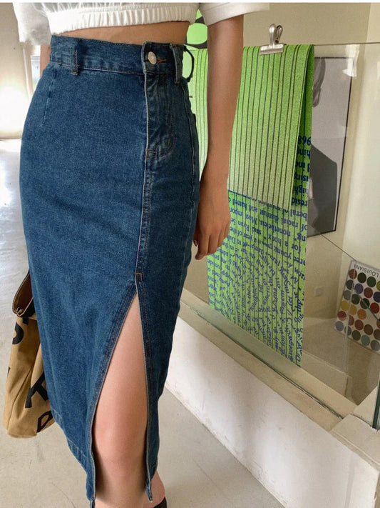 2025 Midi Spring Summer Side Split High Wasit Jeans Straight Female Skirt