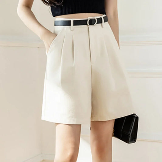 Women 2025 Summer Pockets Solid High Waist Wide Leg Straight Workwear Suit Shorts