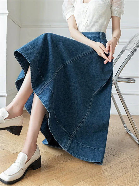 Waist Women's Denim Long A-Line Spring Summer Vintage Cowboy Jeans Umbrella Pockets New Skirt
