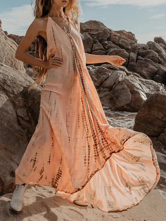 FashionSierra - 2025 Sexy Backless Halter Necktie Printed Boho Dress