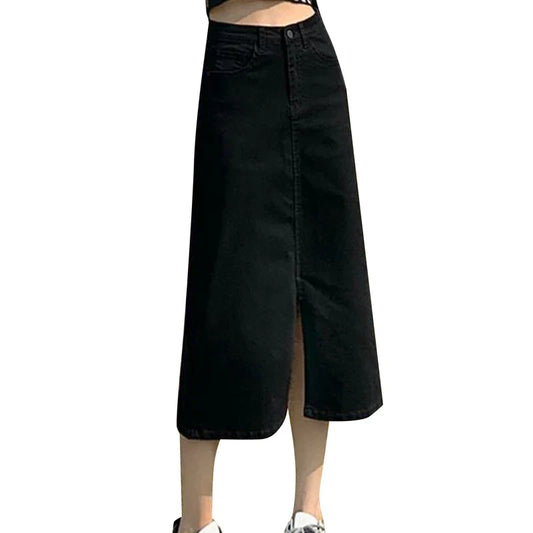 Korean Style Solid Denim High-Waist Long Midi Skirt Bottoml