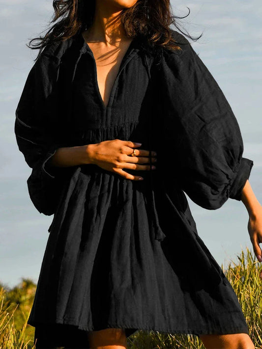 FashionSierra - 2025 Summer Casual Pleated V Neck Lace Up Lantern Sleeve Boho Dress