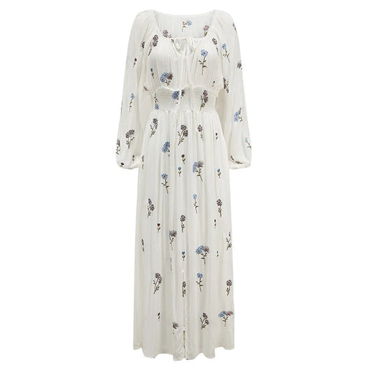 FashionSierra-Cotton White Maxi Vintage Floral Embroidery Spring/Autumn Robe Long Sleeve Casual Boho Dress