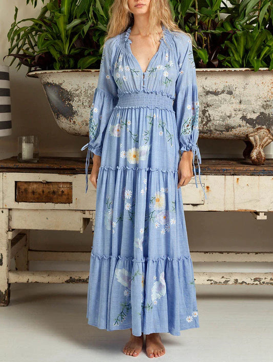FashionSierra-Blue Floral Embroidery Casual Deep V Long Sleeve Vintage Loose Ruffles Boho Dress