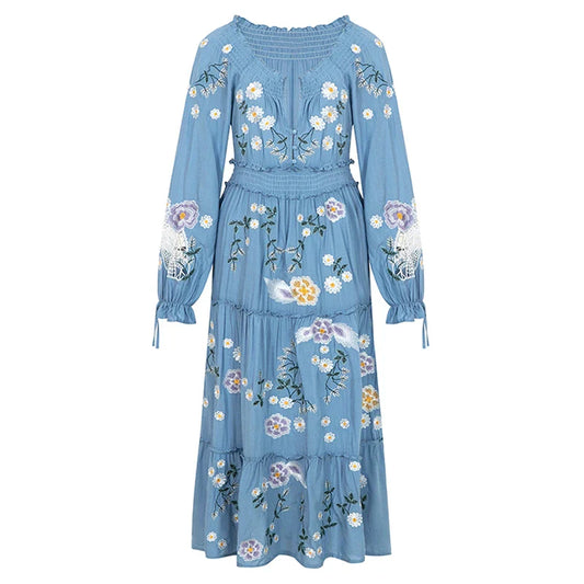 FashionSierra-Blue Floral Embroidery Casual Deep V Long Sleeve Vintage Loose Ruffles Boho Dress