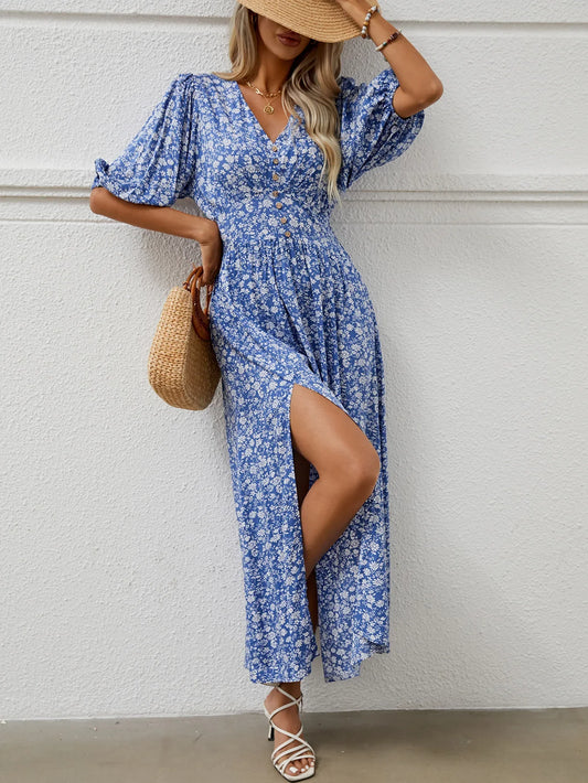FashionSierra-Beach Half Puff Sleeve Maxi Women Robe Vintage Rayon Cotton Floral Print Long Summer Ladies Boho Dress
