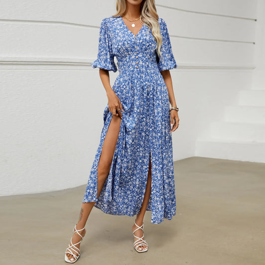 FashionSierra-Beach Half Puff Sleeve Maxi Women Robe Vintage Rayon Cotton Floral Print Long Summer Ladies Boho Dress