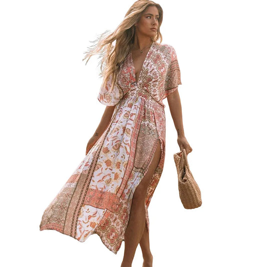 FashionSierra-Floral Printed Cover-Ups Women Casual Deep V Neck Elastic Waist Short Sleeve Summer Long Beach Boho Dress