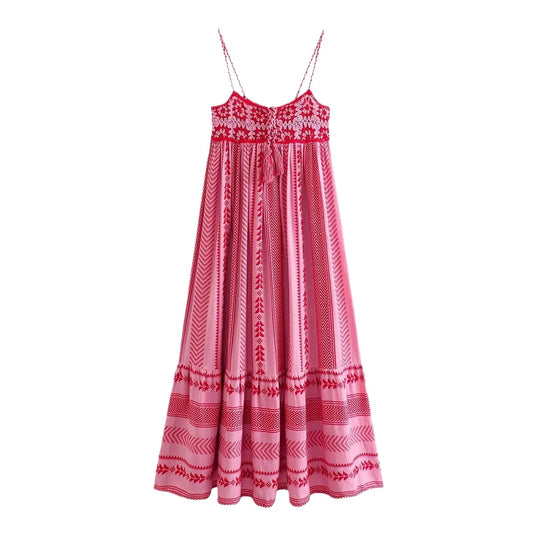 FashionSierra-Pink Spliced Crochet Strap Women Robe Vintage Sleeveless Backless Summer Maxi Loose Beach Wear Boho Dress
