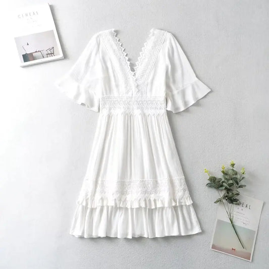 FashionSierra-White Lace Mini For Women Robe Sexy Deep V Short Ruffles Sleeve Summer Party Casual Beach Vestidos Boho Dress