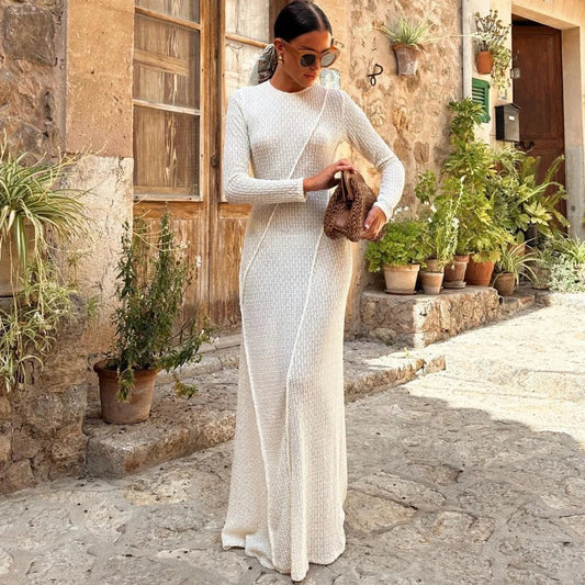 FashionSierra-Casual O-neck Long Sleeve Knitted Maxi Women Robe Sexy Backless Long Sleeve Autumn Beach Vestidos Boho Dress