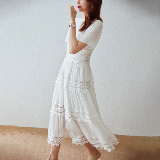 FashionSierra-Casual Short Sleeve Vintage Floral Embroidery Ruffles Summer Loose Cotton Boho Dress