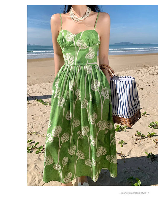 FashionSierra-Elegant Floral Print Women Casual High Waist Sling Autumn 2025 Beach Wear Big Hem Oversize Boho Dress
