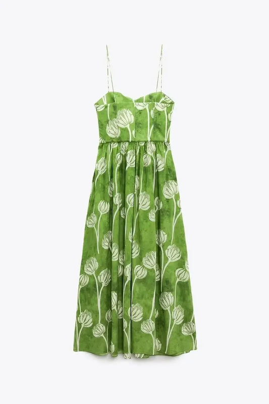 FashionSierra-Elegant Floral Print Women Casual High Waist Sling Autumn 2025 Beach Wear Big Hem Oversize Boho Dress