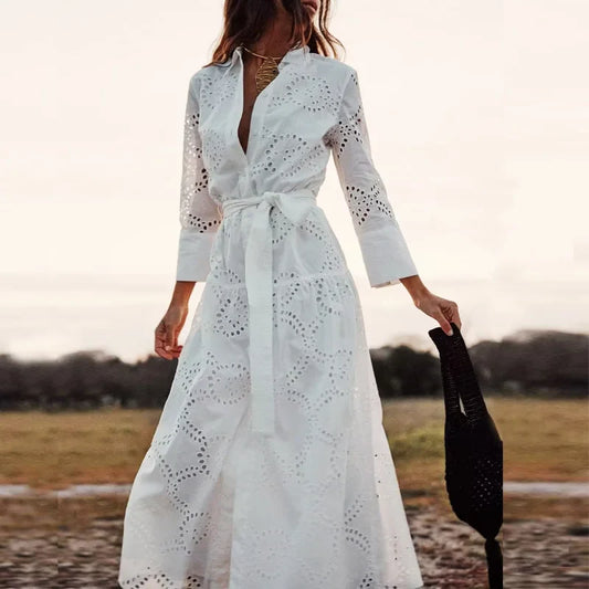 FashionSierra-Hollow Out Cotton Floral Embroidery Lace Casual Long Spring Autumn Party Boho Dress