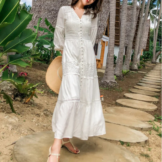 FashionSierra-Lantern Sleeve Cotton Splice Lace Long Vintage White V-neck Autumn Holiday Boho Dress