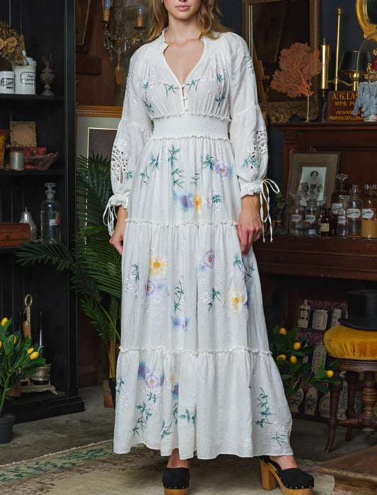 FashionSierra-Long Sleeve Vintage Floral Embroidery Spring Autumn Casual Deep V Neck Cotton Boho Dress