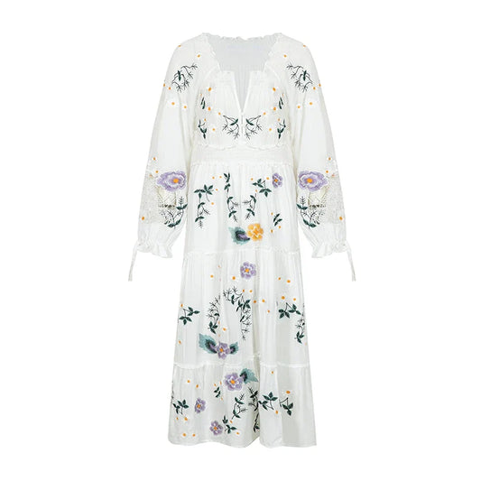 FashionSierra-Long Sleeve Vintage Floral Embroidery Spring Autumn Casual Deep V Neck Cotton Boho Dress