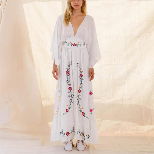FashionSierra-Long Sleeve Deep V-neck Maxi Women Vintage Rayon Embroidered White Autumn Vestidos 2025 Casual Long Robe Boho Dress