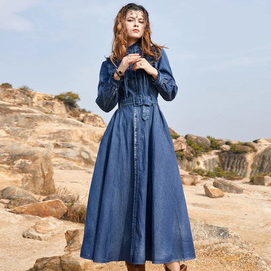 FashionSierra-Long Sleeve Denim Casual Ruffles O-neck Floral Embroidery Maxi Vintage Summer Boho Dress
