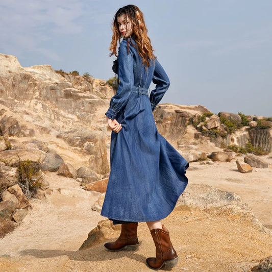 FashionSierra-Long Sleeve Denim Casual Ruffles O-neck Floral Embroidery Maxi Vintage Summer Boho Dress