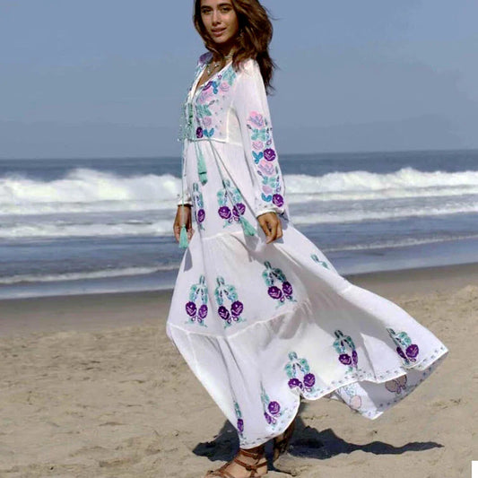 FashionSierra-Long Sleeve Ethnic Tunic Maxi Vintage White Cotton Floral Embroidery Loose Autumn Boho Dress