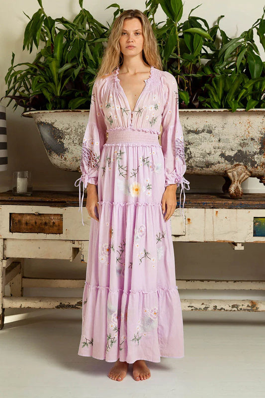 FashionSierra-Pink Embroidery Floral Women Casual Long Sleeve 2025 Vintage Loose High Waist Robe Boho Dress