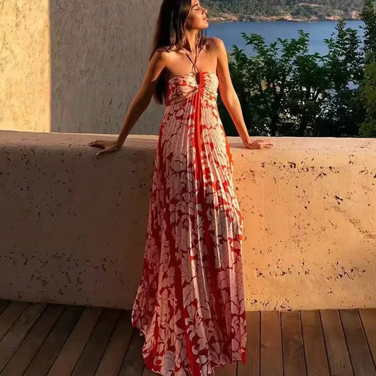 FashionSierra-Sexy Off Shoulder Backless Strap Vintage Ethnic Chiffon Floral Print Beach Wear Boho Dress