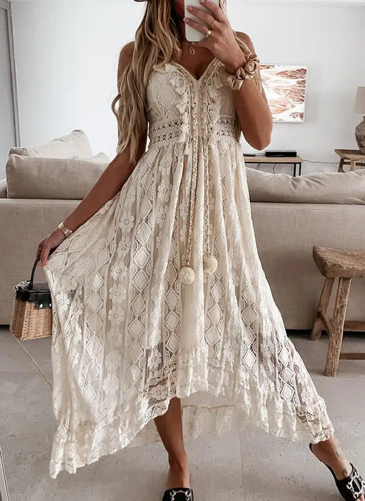 FashionSierra-Sexy Sleeveless Backless Irregular Strap Women Robe Vintage Tassel Floral Lace Summer Beach Vestidos Boho Dress