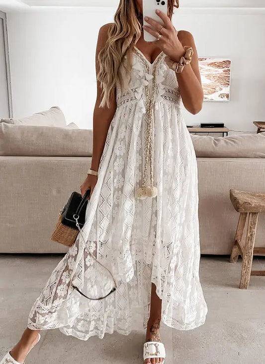 FashionSierra-Sexy Sleeveless Backless Irregular Strap Women Robe Vintage Tassel Floral Lace Summer Beach Vestidos Boho Dress