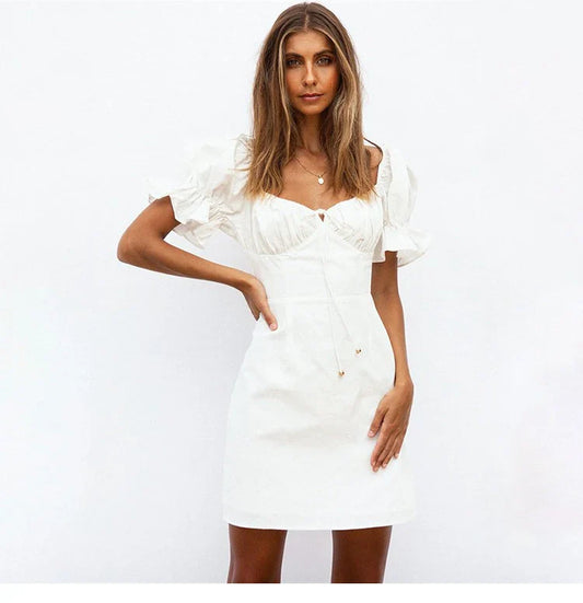 FashionSierra-Sheath Mini Women White Cotton Elegant Puff Sleeve Summer Square Collar Bohemian Short Dress Vestidos Boho Dress