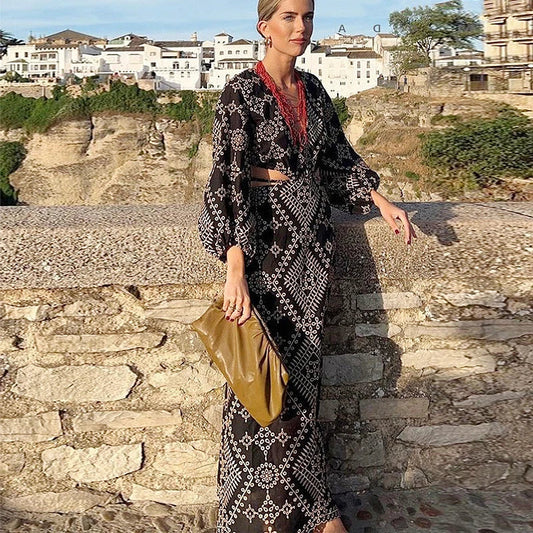 FashionSierra-Vintage Ethnic Embroidery Women Party Sexy Deep V-neck Backless Long Sleeve Beach Summer Vestidos Boho Dress