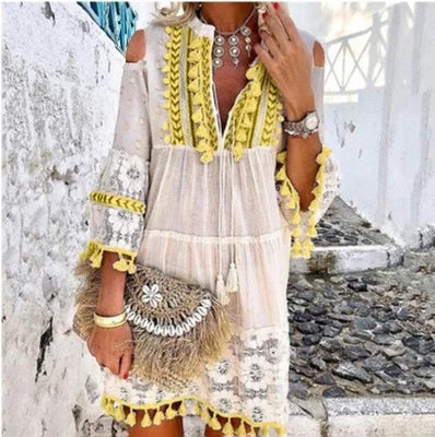 FashionSierra-Vintage Long Sleeve Mini Women Beach Wear Deep V Tassel Summer 2025 Floral Embroidery Lace Vestidos Boho Dress