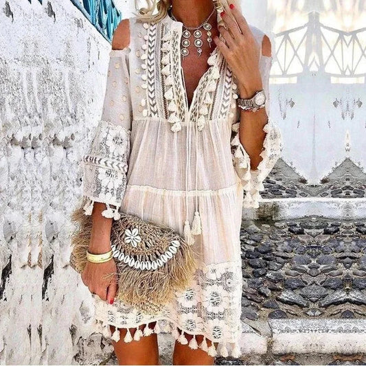 FashionSierra-Vintage Long Sleeve Mini Women Beach Wear Deep V Tassel Summer 2025 Floral Embroidery Lace Vestidos Boho Dress