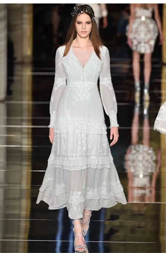 FashionSierra-Vintage Long Sleeve Party Casual Deep V Floral Embroidery Summer Lace Boho Dress