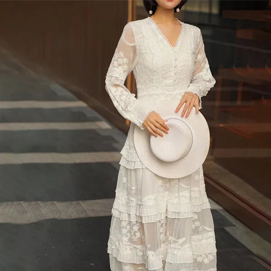 FashionSierra-Vintage Long Sleeve Party Casual Deep V Floral Embroidery Summer Lace Boho Dress