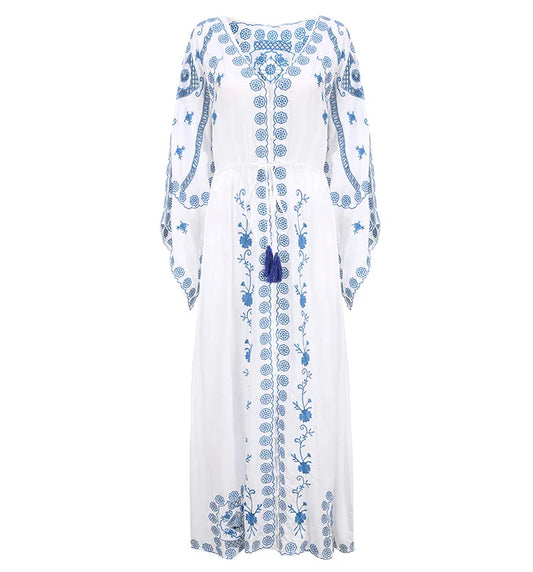 FashionSierra-Hollow Floral Embroidery Long Sleeve Strap Maxi White Vintage V Neck Beach Ladies Boho Dress